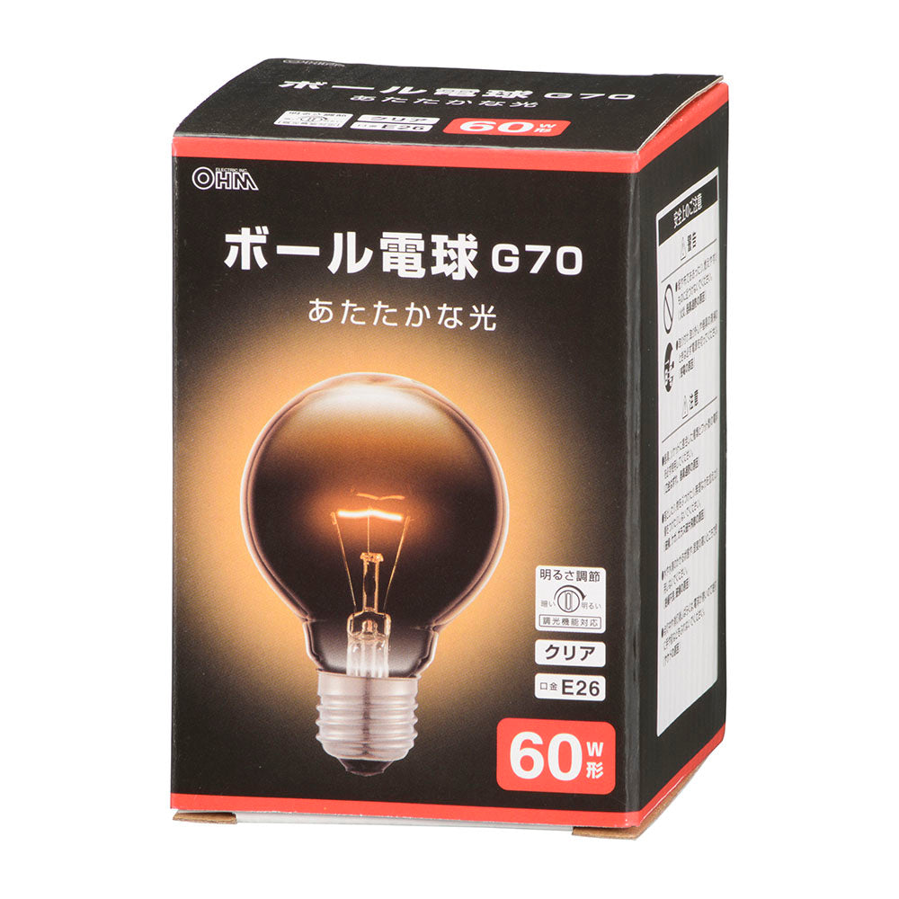 白熱ボール電球(G70/60W形/E26/クリア/750 lm/電球色/調光機能対応)_06-0869_LB-G7660K-CN_OHM(オーム電機)